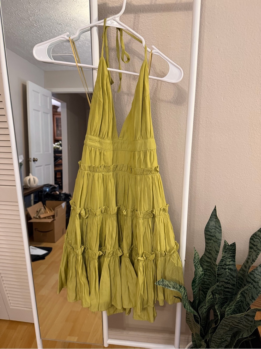MARBLE Plunge Halter Tiered Sundress in Chartreuse